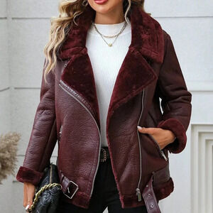 Burgundy Casual Women's Faux Leather Winter Jacket